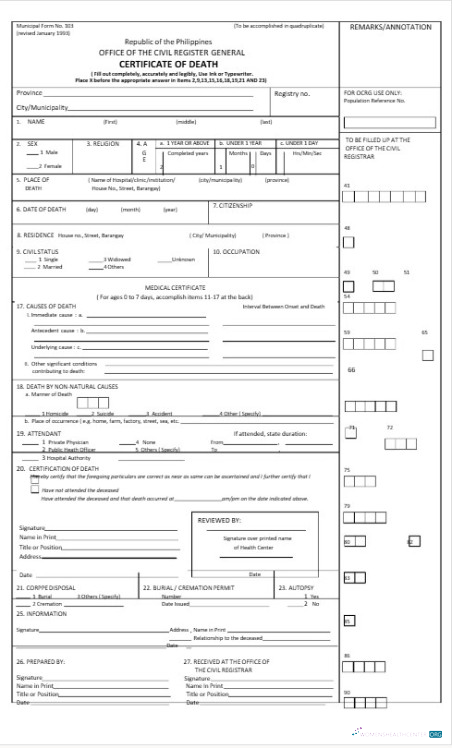 Download Philippines Office of the civil register general death certificate Photoshop template